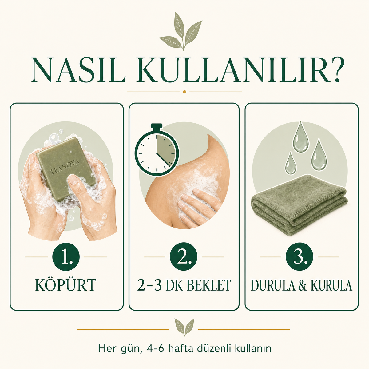 Teanova nasıl kullanılır: köpürt, 2-3 dk beklet, durula ve kurula